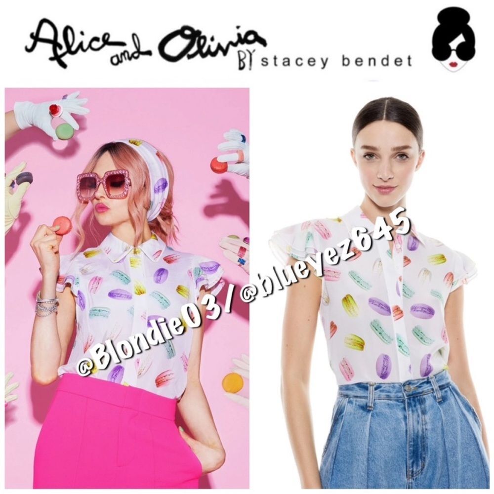 Alice + Olivia Eli Flutter Sleeve Button Down Blouse in Sunday Macaroons M NWT